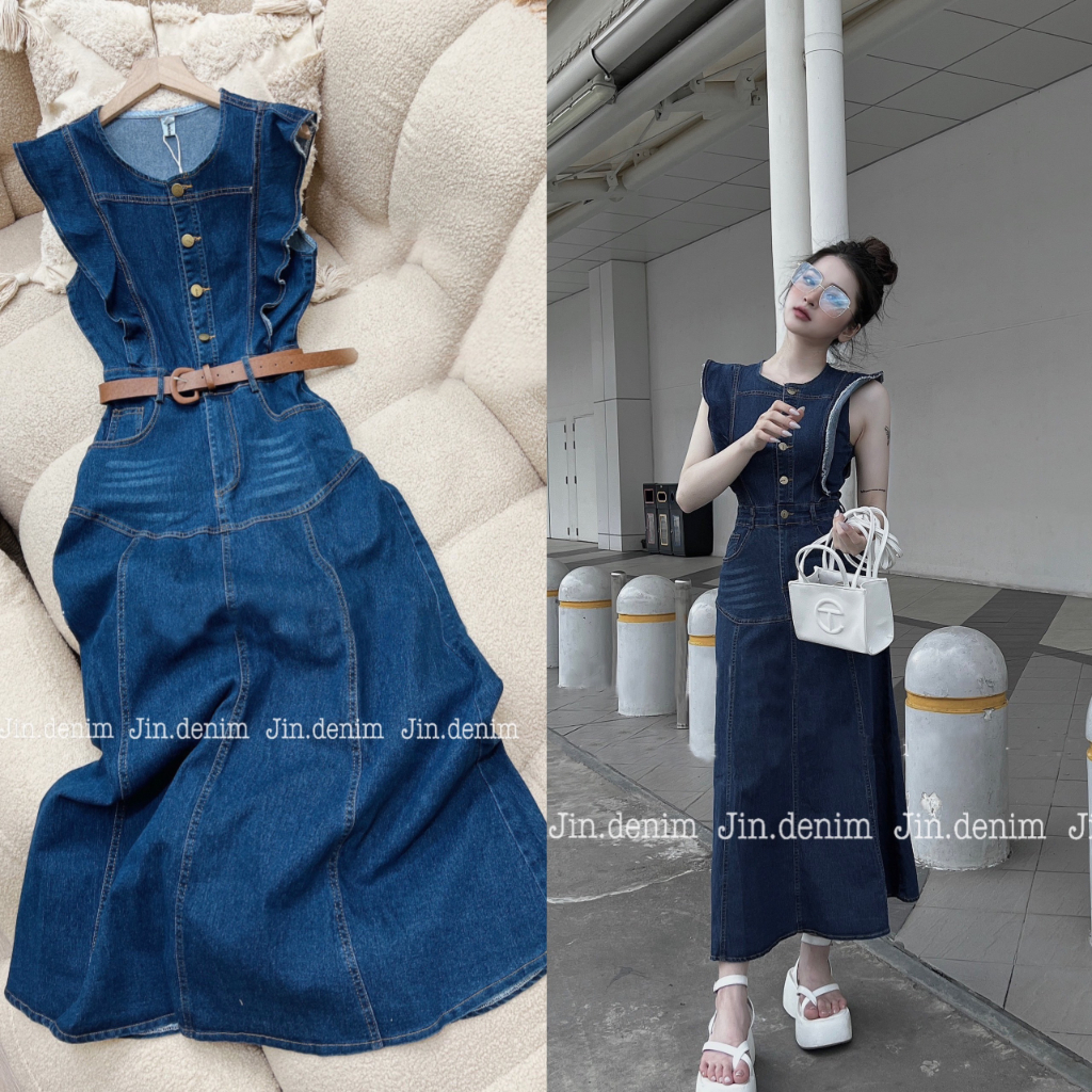 Váy đầm jean dáng dài body, kèm belt dây lưng tay cánh tiên, dáng xòe thiết kế cao cấp 019