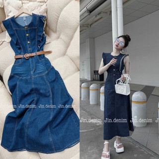 Váy đầm jean dáng dài body, kèm belt dây lưng tay cánh tiên, dáng xòe thiết kế cao cấp 019