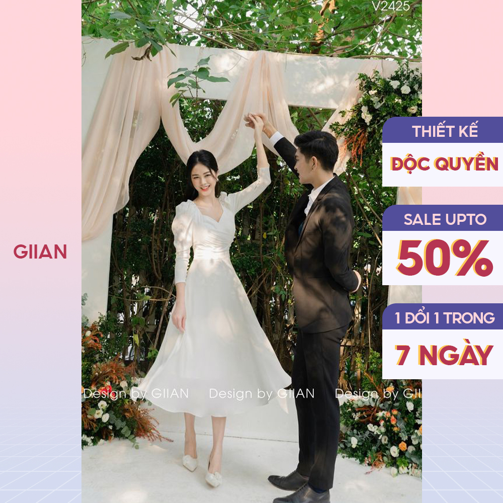 Váy cưới cô dâu sang trọng vải lụa tằm, đầm dực tiệc trắng dáng dài tay bồng thiết kế chính hãng GIIAN - GV2425