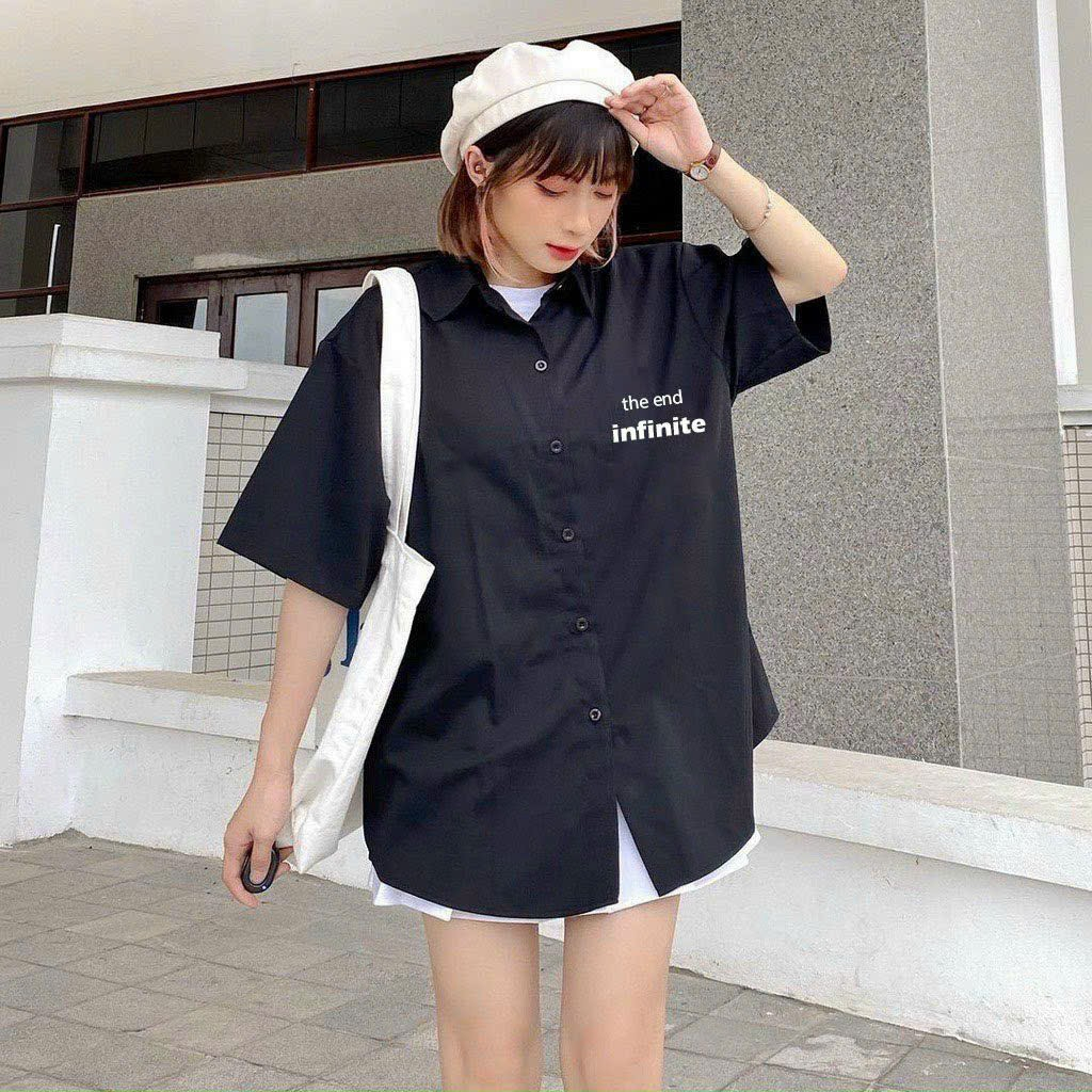 Áo Sơ Mi Tay Lỡ the end Infinite Nam Nữ unisex - sơ mi ngắn tay vải kaki Form Rộng Phong Cách Ulzzang