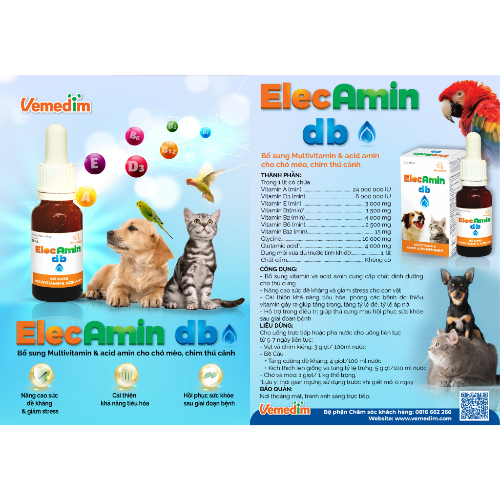 ElecAmin db - Bổ sung Multivitamin & acid amin cho chó mèo, chim thú cảnh 20ml/chai