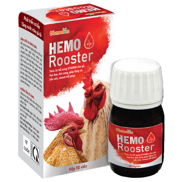 Hemo rooster - Bổ sung vitamin cho gà đá, thú đua, thú cưng, giúp tăng cơ, bền sức, nhanh hồi phục( giá thành 1 hộp 50 v