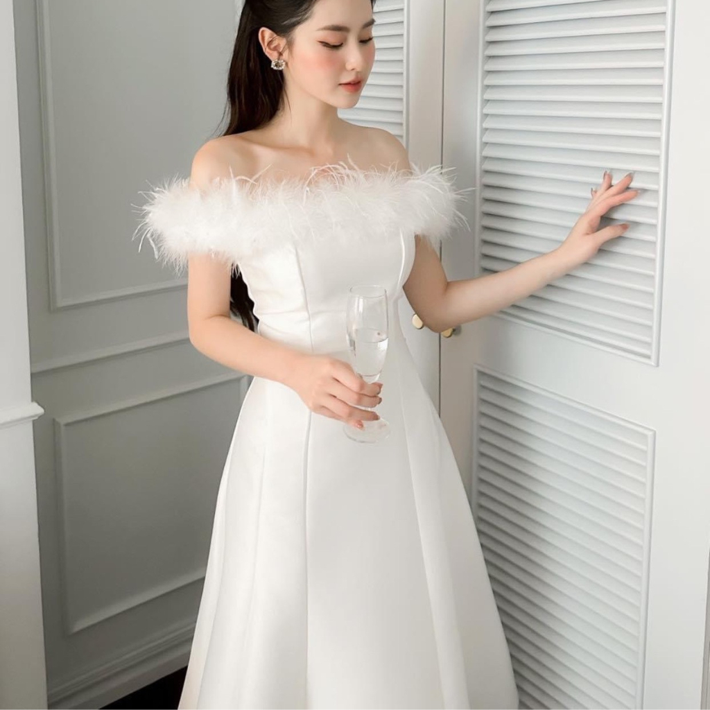 Đầm Thiết Kế MAY I5 Chất Liệu Tafta Phối Lông Vũ- Đầm Dự Tiệc Sang Trọng Chuẩn Hãng MAY