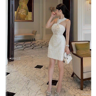 VA633  ĐẦM REN HOA TRẮNG PHỐI VOAN CỔ YẾM