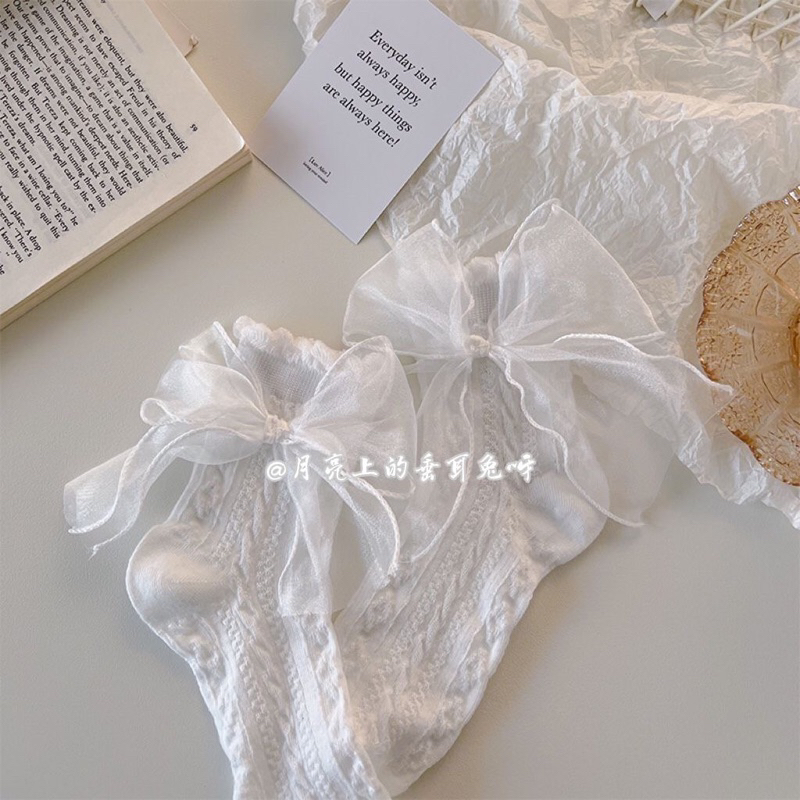 Set 5 đôi tất lolita tiểu thư màu trắng 5 đôi, đính nơ