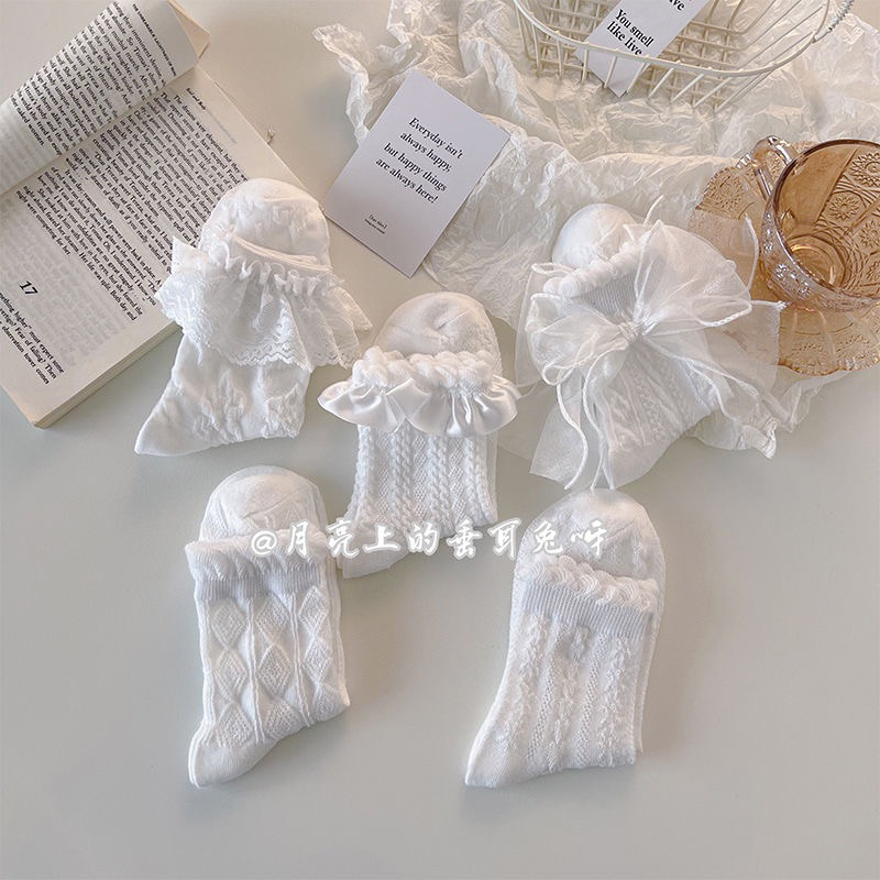 Set 5 đôi tất lolita tiểu thư màu trắng 5 đôi, đính nơ