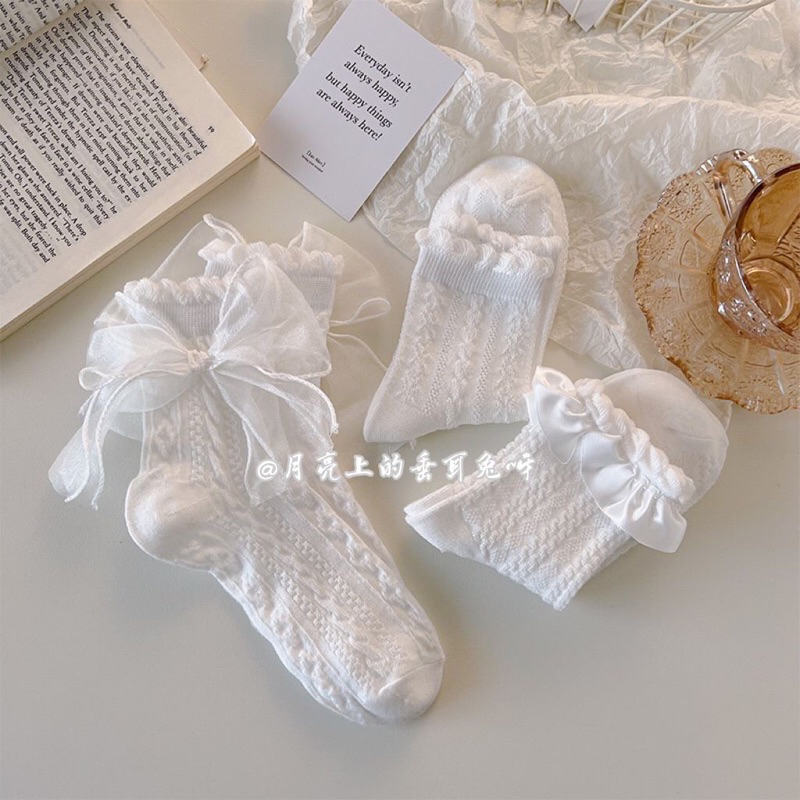 Set 5 đôi tất lolita tiểu thư màu trắng 5 đôi, đính nơ