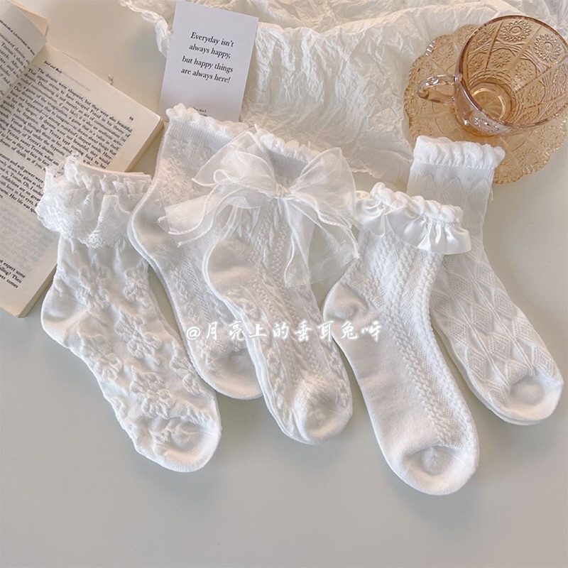 Set 5 đôi tất lolita tiểu thư màu trắng 5 đôi, đính nơ