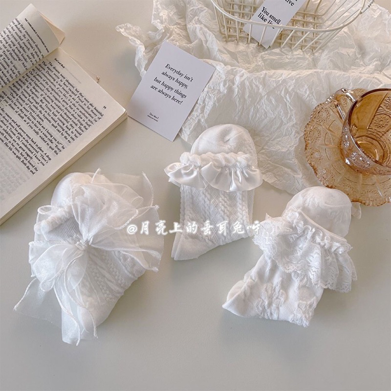 Set 5 đôi tất lolita tiểu thư màu trắng 5 đôi, đính nơ