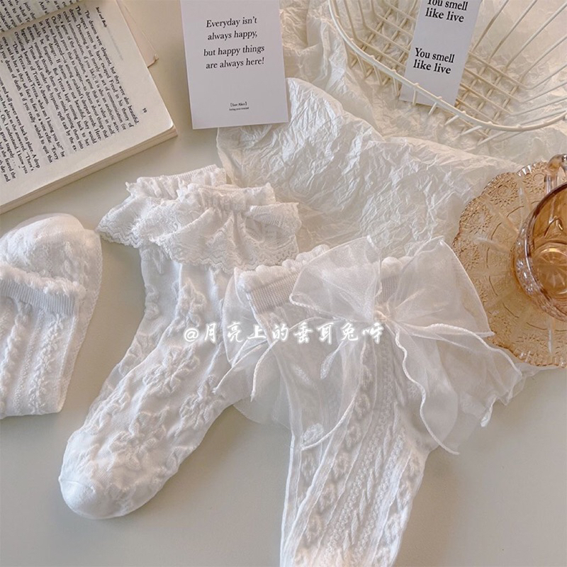 Set 5 đôi tất lolita tiểu thư màu trắng 5 đôi, đính nơ