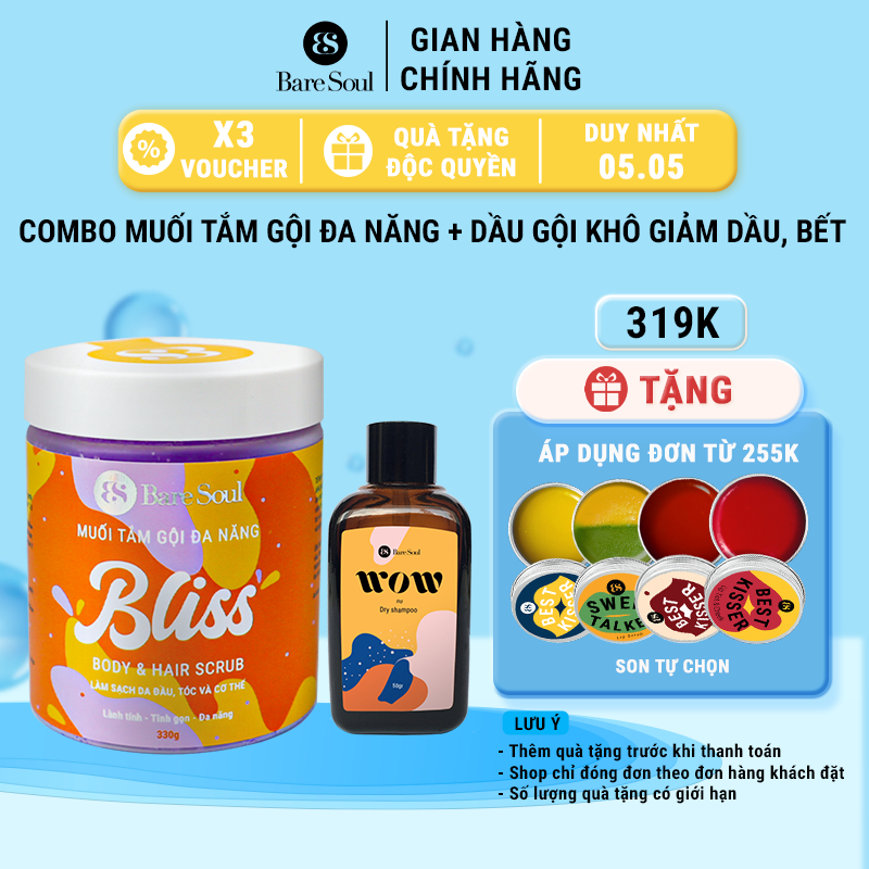 Combo Muối tẩy tế bào chết da đầu, tóc và cơ thể BareSoul BLISS Body & Hair Scrub 330g + Dầu gội khô Dry Shampoo WOW 50g