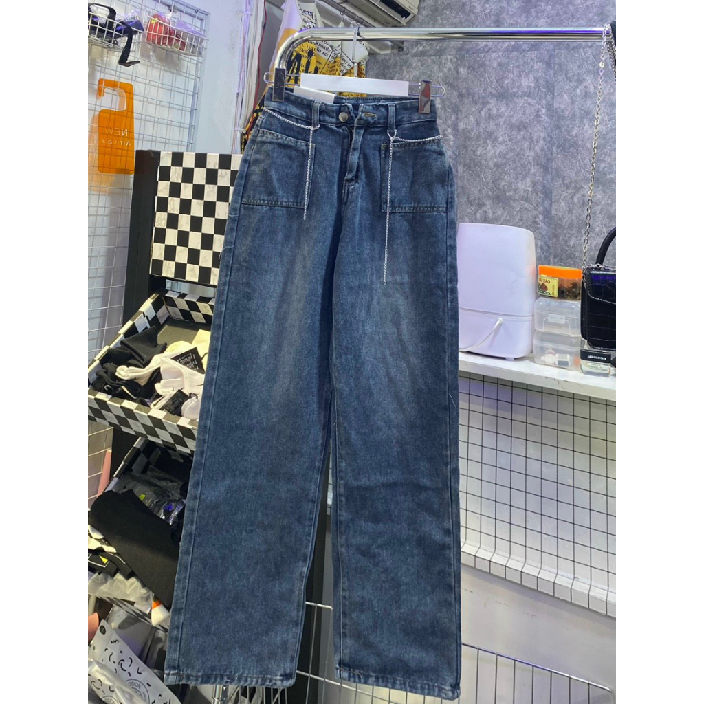 Quần bò jean ống rộng suông xuông nữ jeans cạp cao túi trước thêu gối phong cách Hàn Quốc 2023 | BigBuy360 - bigbuy360.vn