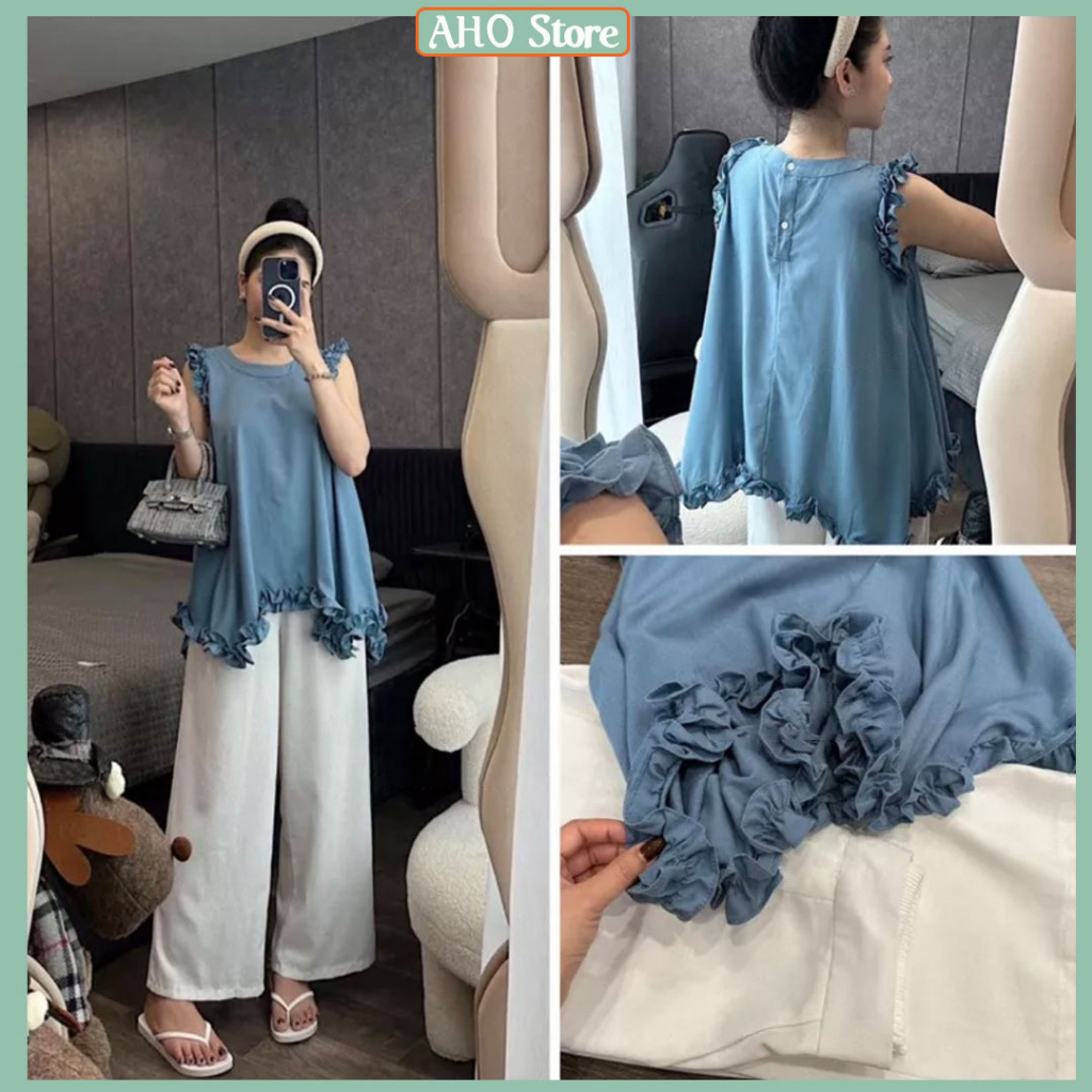 Bộ Đồ Nữ Áo Kiểu Bèo Nữ Trơn Sát Nách Mix Quần Chéo Hàn Suông Ống Rộng Freesize