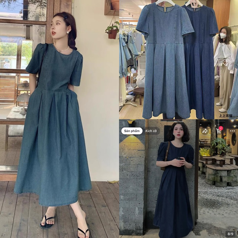 VÁY DENIM BABYDOLL CỔ TRÒN DÁNG MIDI style Ulzzang