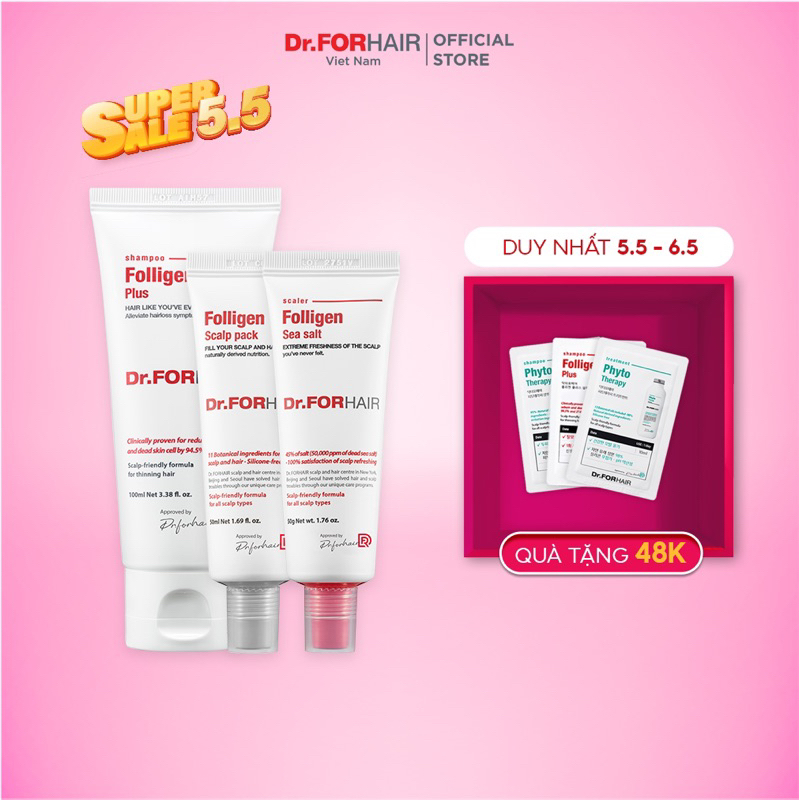 Bộ gội xả mini giúp SẠCH GÀU, giảm rụng và suôn mượt tóc của Dr.FORHAIR: Folligen Plus x Scalp Pack x Sea Salt Scaler
