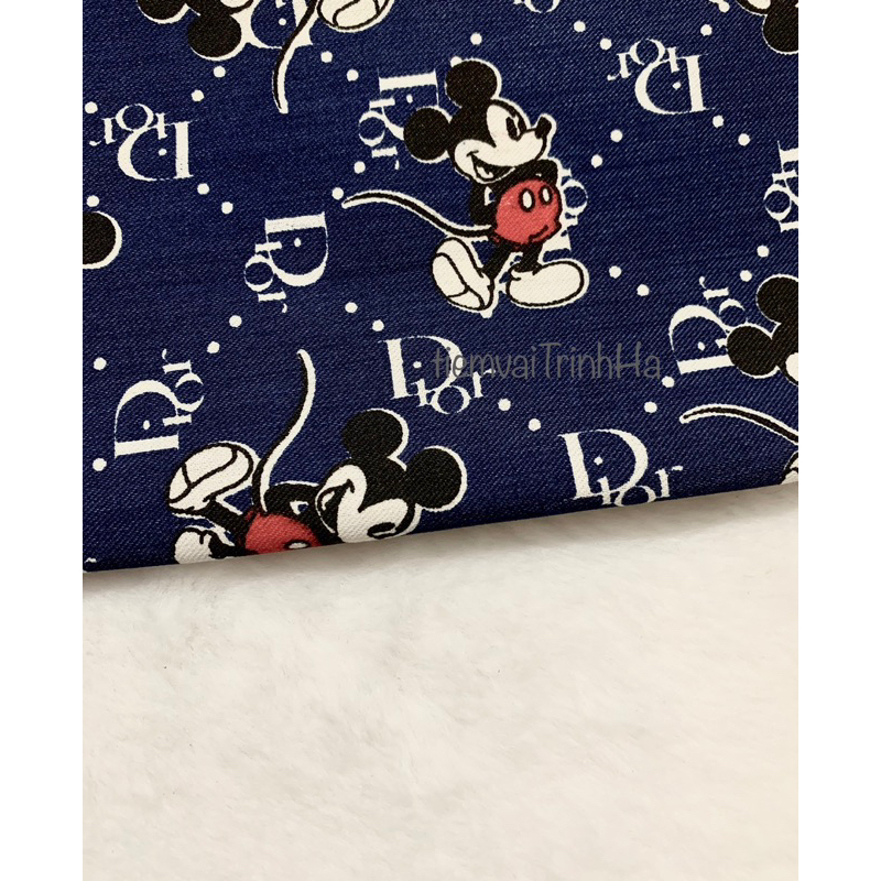 Vải kaki cotton Dior Mickey xanh không dãn, hàng dày khổ 1m6