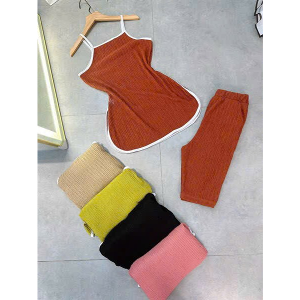 [5,5 Sales Freeship] Set bộ thun xốp cổ áo yếm vạt bầu xẻ tà 2 bên mix quần lửng ngố,set bộ cổ yếm phối viền trắng mtb