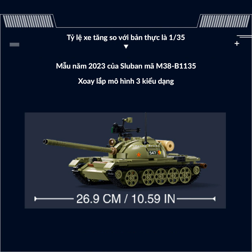 Đồ chơi Lắp ráp xe tăng chiến đấu T-54S, Sluban 1135 xoay 3 dạng mô hình, Xếp hình thông minh, Mô hình xe tăng