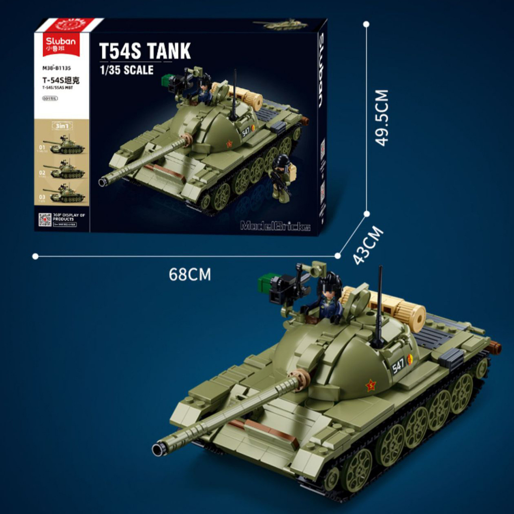 Đồ chơi Lắp ráp xe tăng chiến đấu T-54S, Sluban 1135 xoay 3 dạng mô hình, Xếp hình thông minh, Mô hình xe tăng