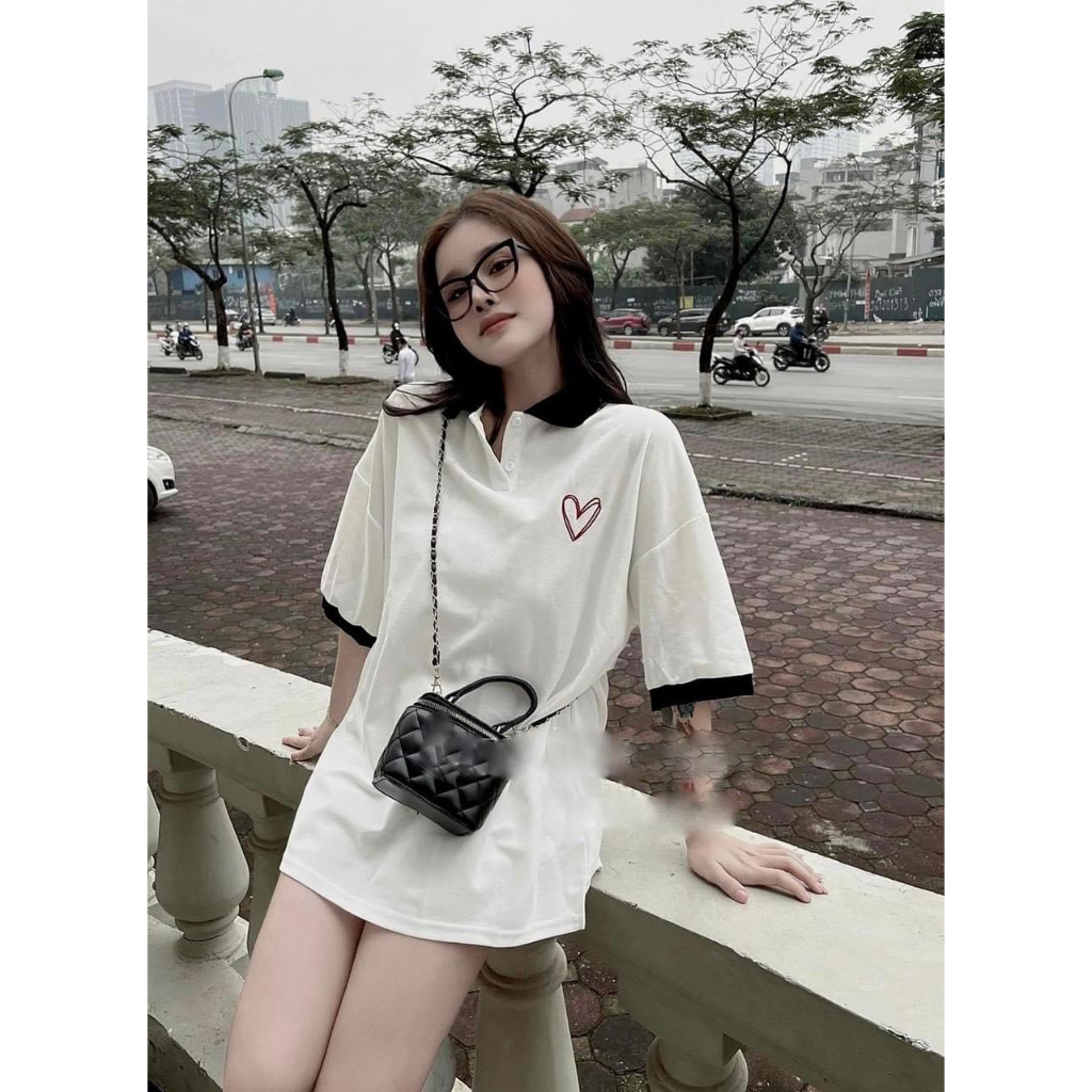 Áo Phông Polo Trái Tim Phối Cổ Áo Phông Cổ Sơ Mi Dáng Thụng Rộng Freeszie