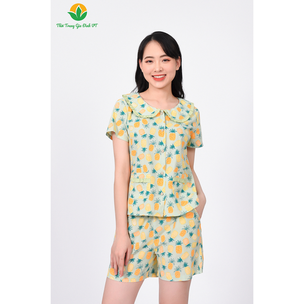 Bộ đồ cotton nữ mặc nhà cao cấp Việt Thắng, quần đùi, áo cộc tay cổ bèo phối - B43.2302