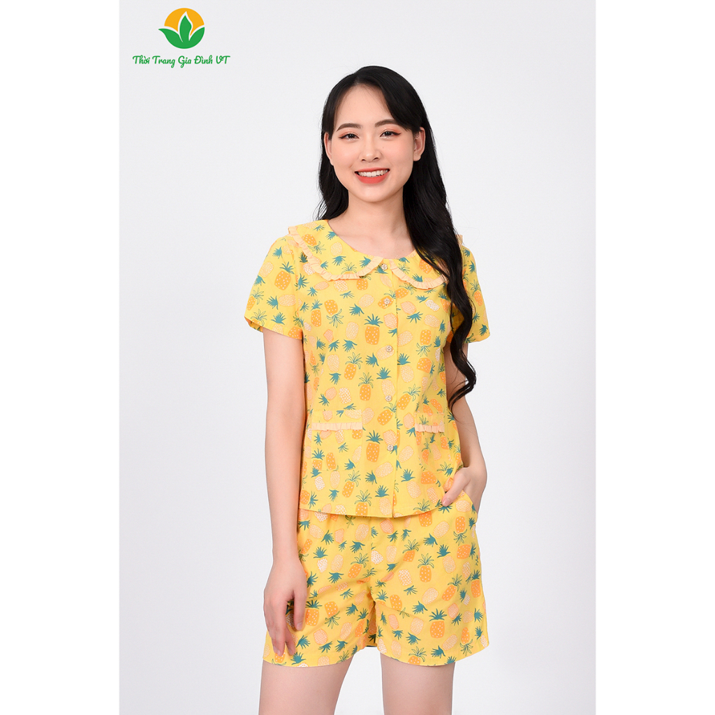 Bộ đồ cotton nữ mặc nhà cao cấp Việt Thắng, quần đùi, áo cộc tay cổ bèo phối - B43.2302