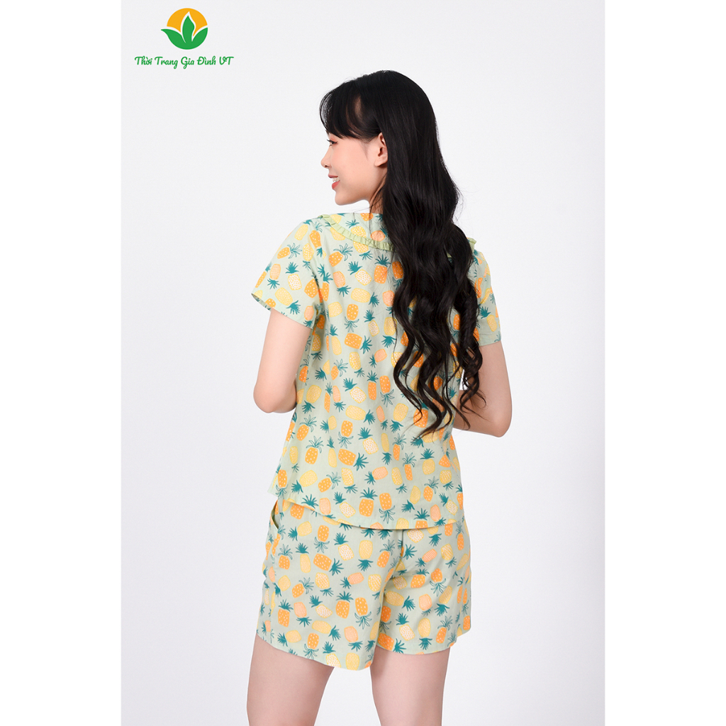 Bộ đồ cotton nữ mặc nhà cao cấp Việt Thắng, quần đùi, áo cộc tay cổ bèo phối - B43.2302