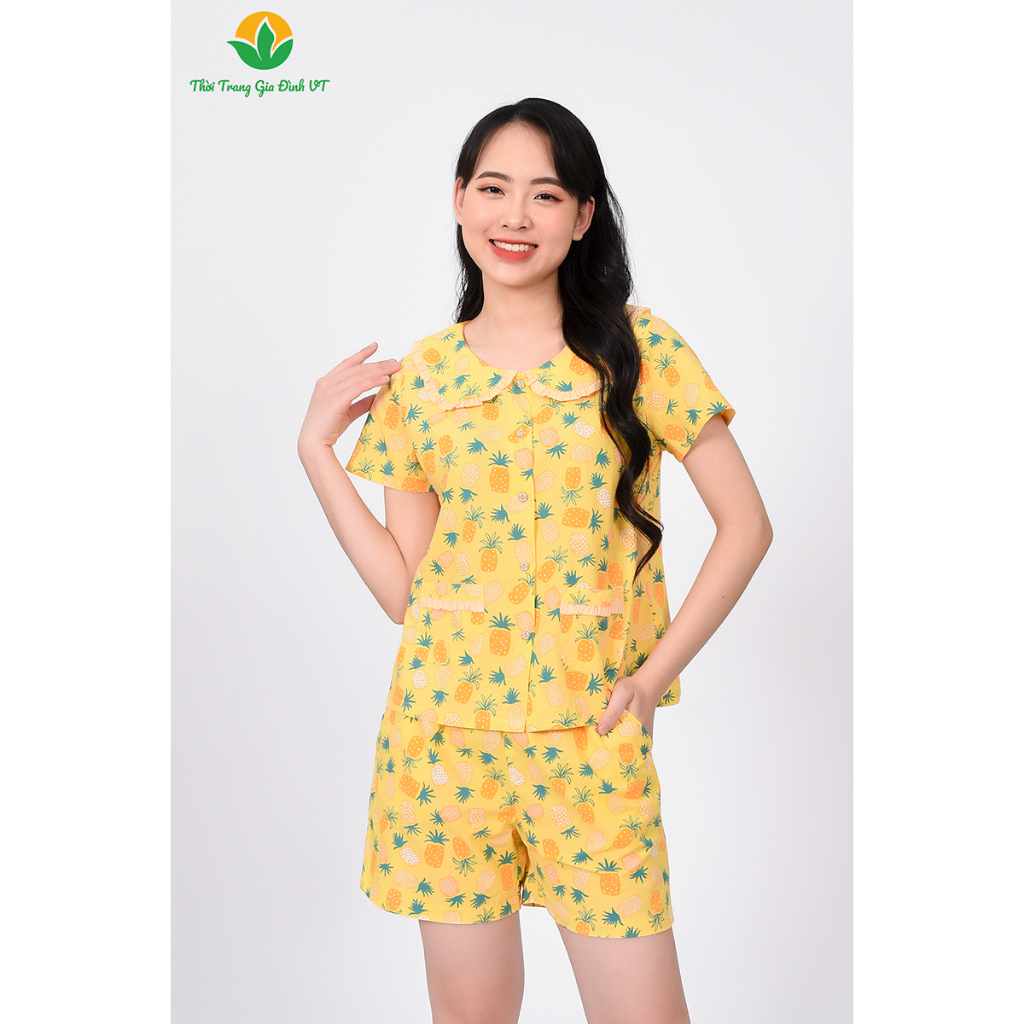 Bộ đồ cotton nữ mặc nhà cao cấp Việt Thắng, quần đùi, áo cộc tay cổ bèo phối - B43.2302