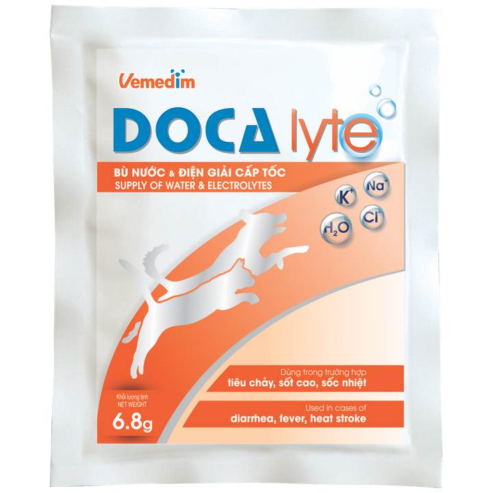 Docalyte-Bù nước và điện giải cấp tốc cho chó mèo. Dùng trong trường hợp tiêu chảy, sốt cao, sốc nhiệt.