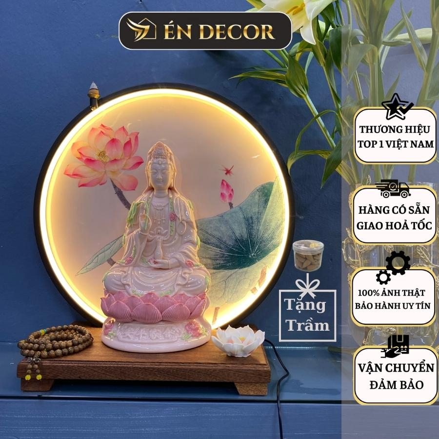 Tượng Quan Âm Bồ Tát ÉN DECOR gốm men hồng kèm kệ đèn led tròn mặt tranh trang trí phong thuỷ an nhiên