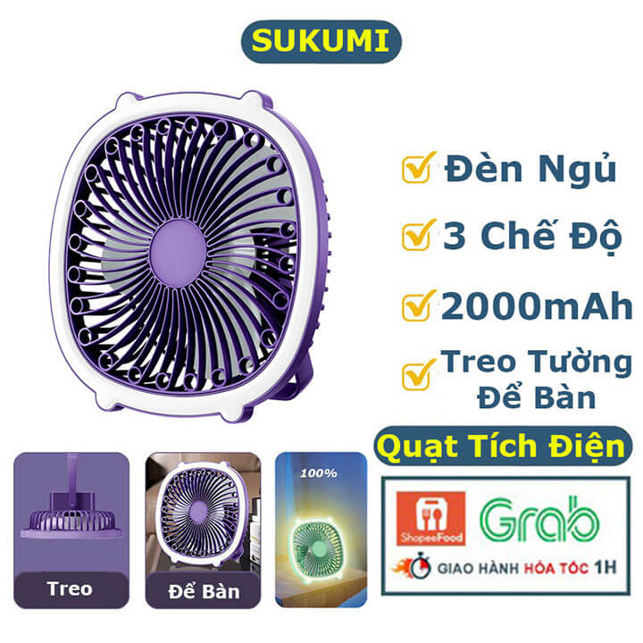 Quạt để bàn mini sạc tích điện, quạt tích điện để bàn văn phòng treo tường kiêm đèn ngủ 3 cánh không ồn