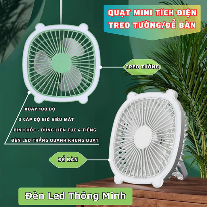 Quạt tích điện mini để bàn 3 cánh có đèn Led, Quạt mini để bàn treo tường sạc tích điện đa năng kiêm đèn ngủ