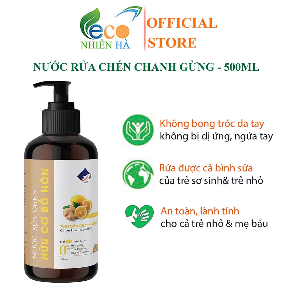 Nước rửa chén enzyme bồ hòn ECOCARE 500ml tinh dầu chanh gừng, an toàn da tay, rửa sạch dầu mỡ