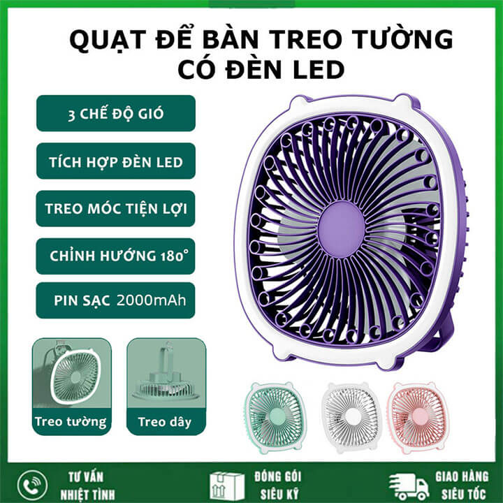 Quạt để bàn mini sạc tích điện 3 cánh đa năng kiêm đèn ngủ, quạt tích điện để bàn treo tường 3 tốc độ