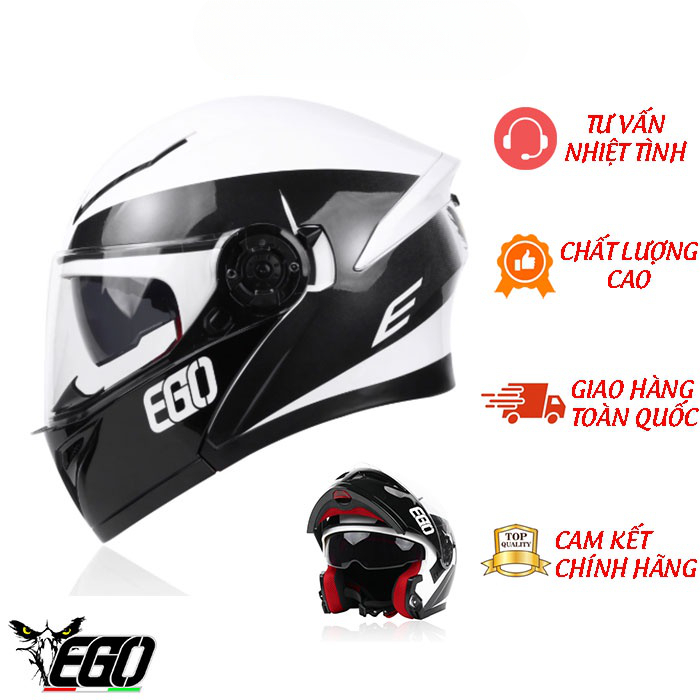 Nón bảo hiểm Lật hàm 2 kính EGO E9 (V1 Trắng Đen)