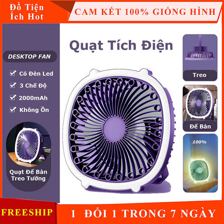 Quạt tích điện để bàn đa năng kiêm đèn ngủ, quạt mini để bàn 3 cánh có đèn Led, Quạt treo tường cao cấp