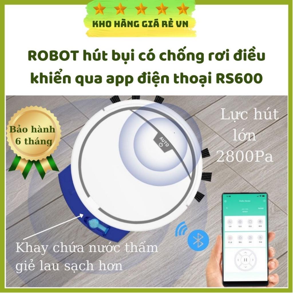 Robot hút bụi lau nhà thông minh điều khiển từ xa qua app có tiếng Việt chống rơi  kèm bình nước gia dụng nội địa Trung