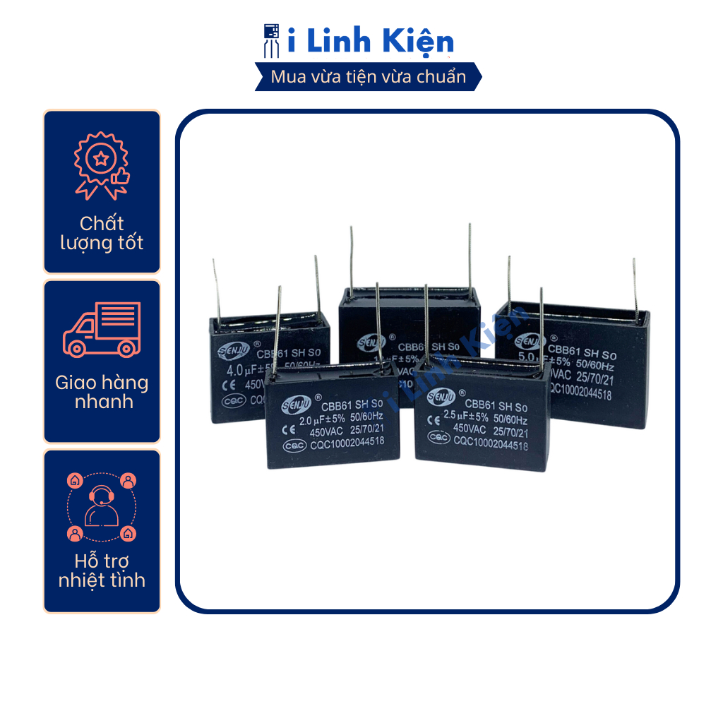 Tụ quạt 2uF 450VAC chân hàn mạch PCB CBB61