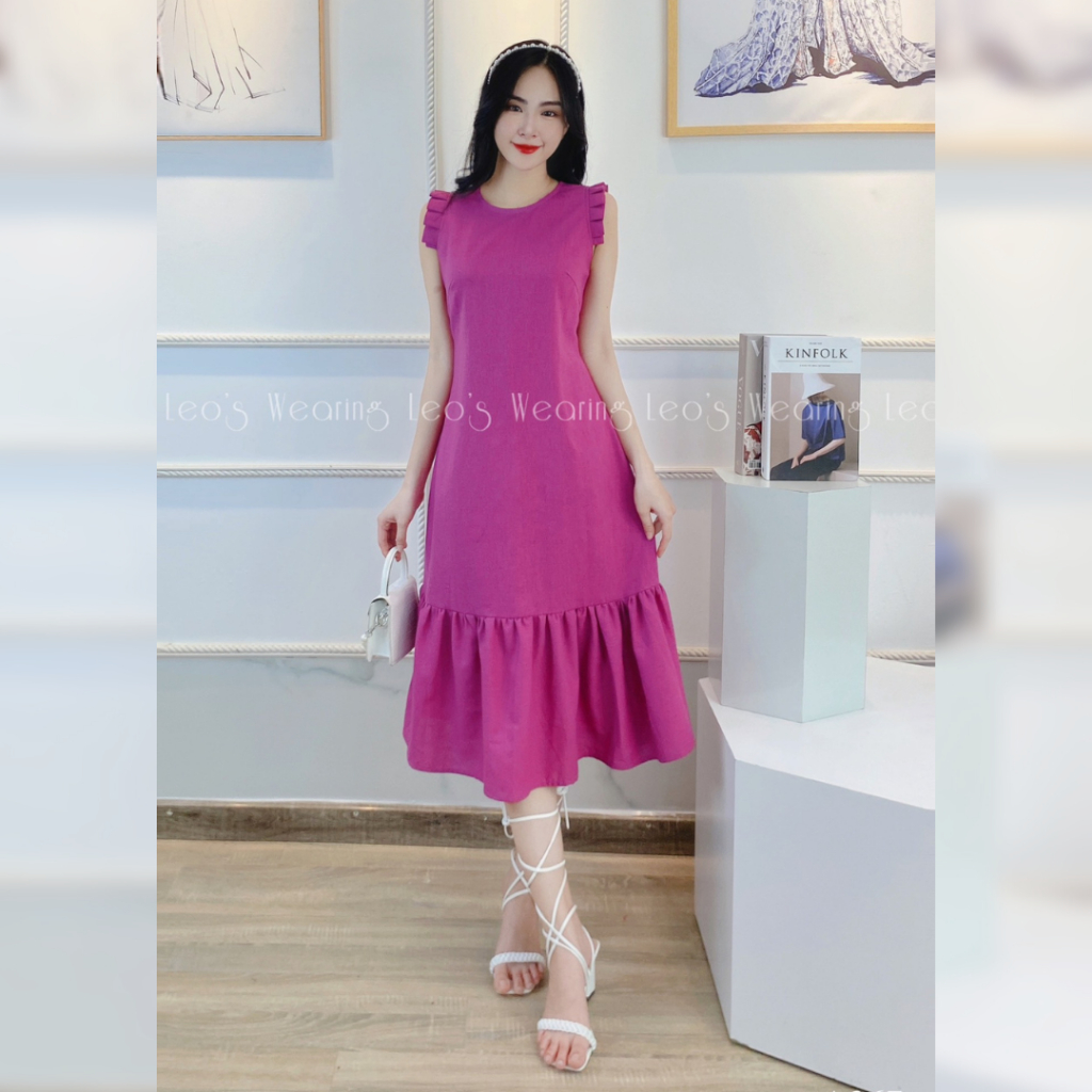 Đầm linen xòe dáng dài màu hồng tím LEOSWEARING kèm dây đai thắt eo A267