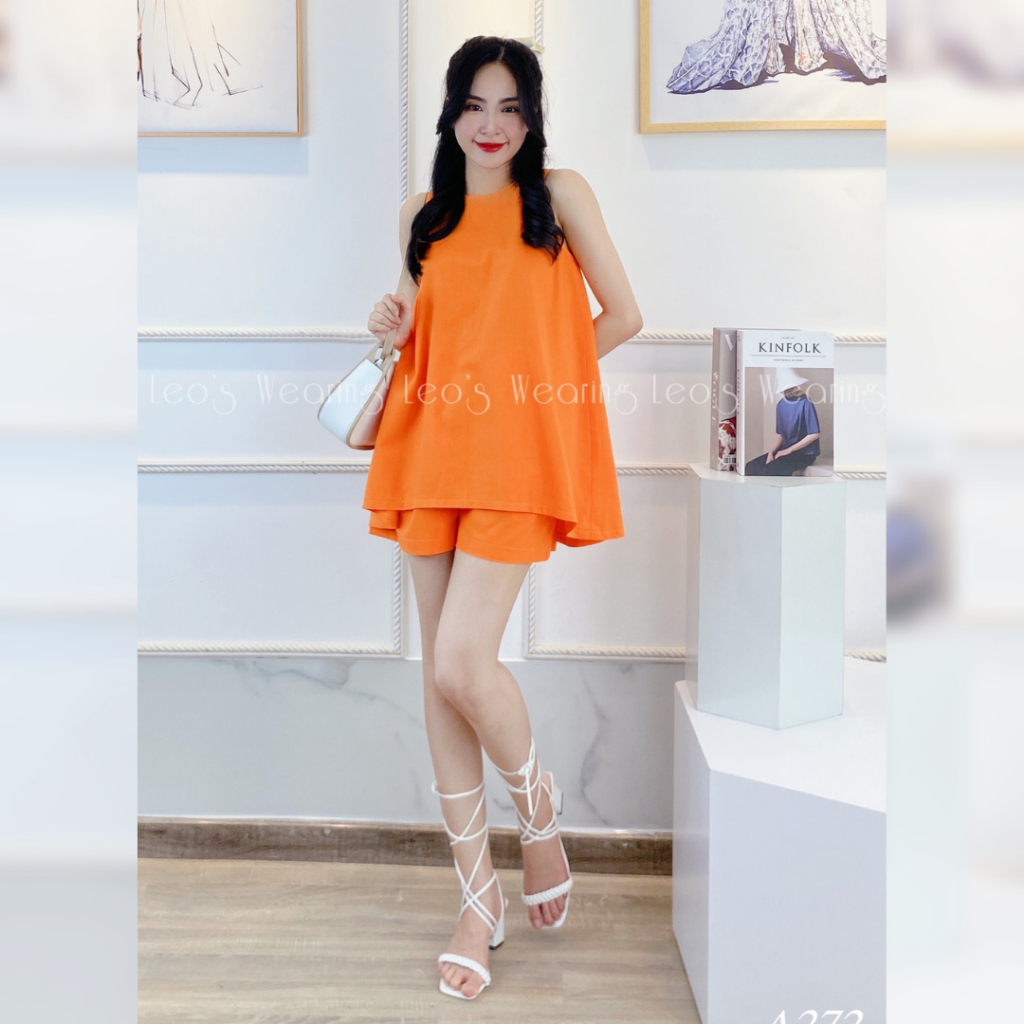 Set đùi nữ vải linen LEOSWEARING áo sát nách dạng yếm mix quần short có túi màu cam A272