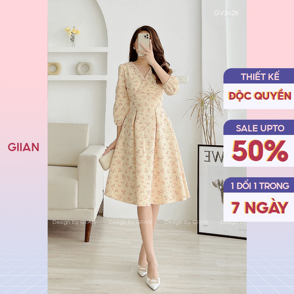 Váy hoa nhí xòe thiết kê cổ V, đầm dự tiệc sang trọng chính hãng Giian - GV2626