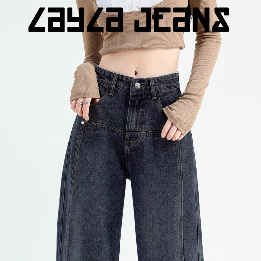 Quần Jean Nữ Trơn Kẻ Dọc Vest Màu Đá Cạp Cao Ống Rộng Layla Ver.144