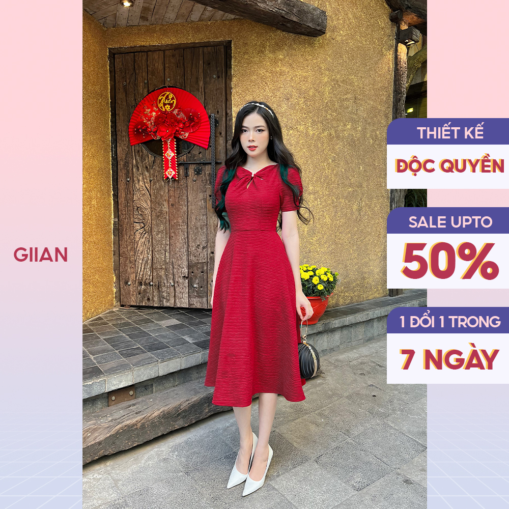 Váy dáng dài xòe dự tiệc tay bồng cổ phối cổ nơ, đầm đỏ đô cao cấp chính hãng Giian - GV2640