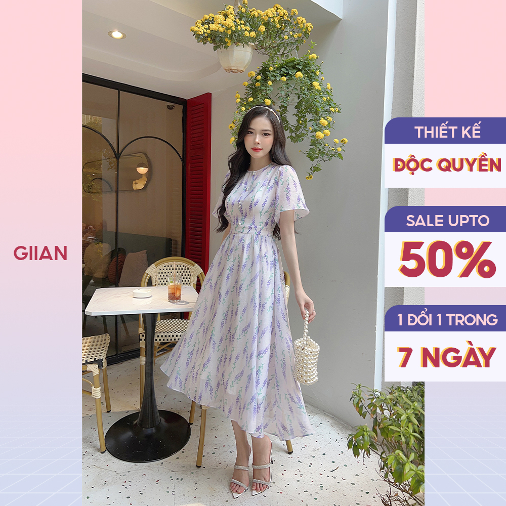 Váy xòe công chúa dáng dài dự tiệc Lavender in hoa thiết kế cổ tròn tay loe chính hãng Giian - GV2642