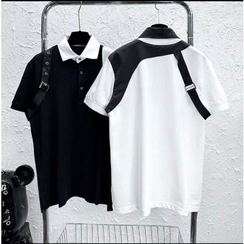 Áo polo nam cổ bẻ MC Queen vai thuê vạch dây đen trắng hai vai phong cách