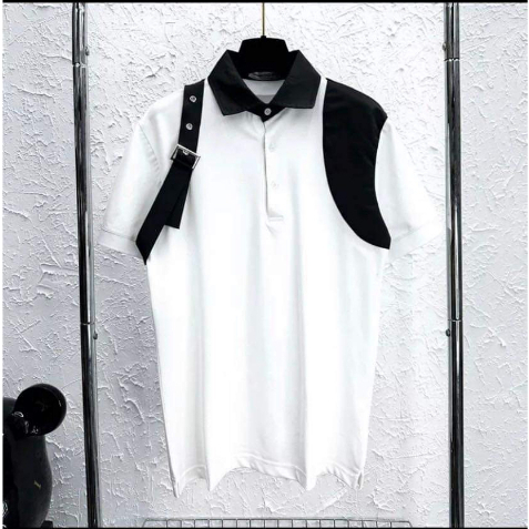 Áo polo nam cổ bẻ MC Queen vai thuê vạch dây đen trắng hai vai phong cách