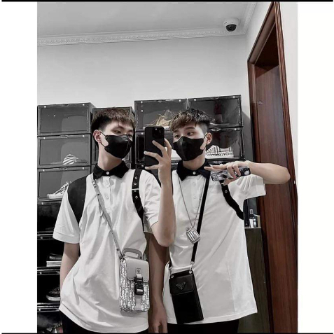 Áo polo nam cổ bẻ MC Queen vai thuê vạch dây đen trắng hai vai phong cách