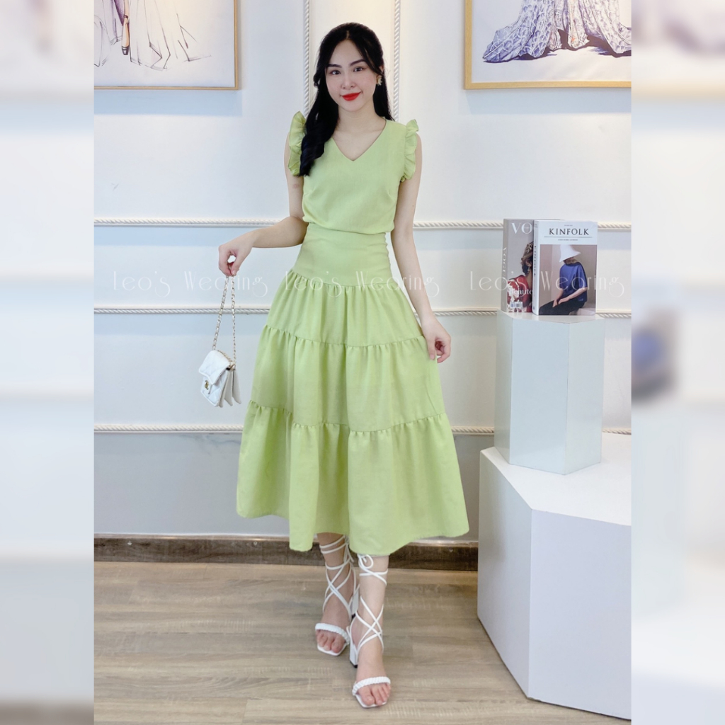 Set váy xòe linen LEOSWEARING áo tay bèo mix chân váy dáng dài màu xanh bơ A282