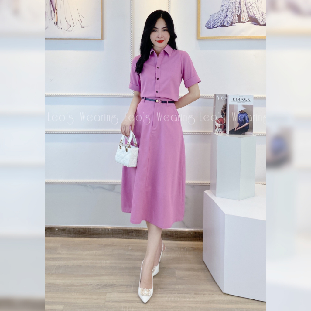 Set váy công sở linen LEOSWEARING áo sơ mi tay lửng mix chân váy xòe có túi màu hồng tím A283