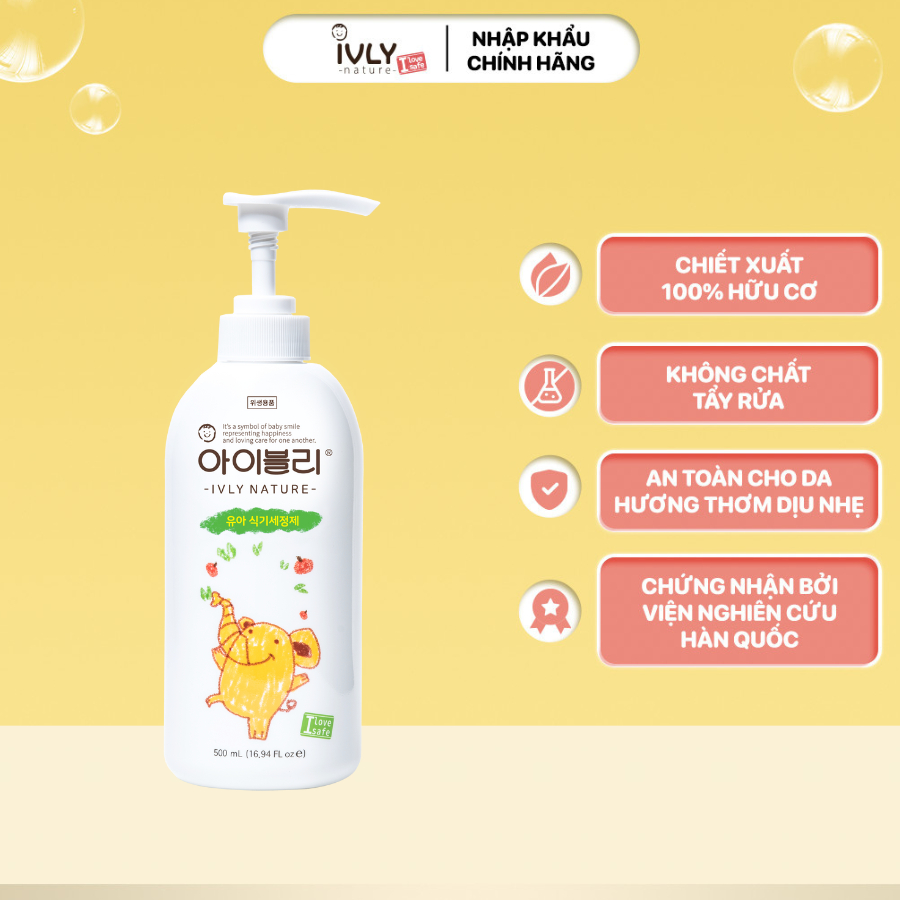 Nước rửa bình sữa và bát đĩa dạng gel IVLY NATURE chiết xuất hoàn toàn từ thiên nhiên nhập khẩu Hàn Quốc 500ml ivly002